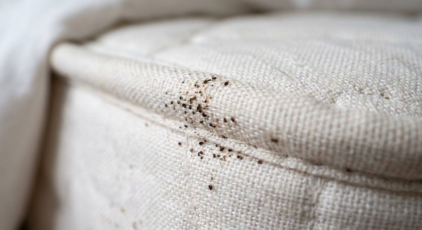 gros plan sur des traces de punaises de lit sur un matelas blanc, taches sombres visibles sur les coutures