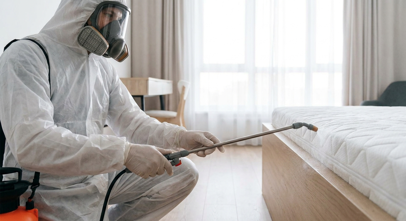 technicien en combinaison de protection effectuant un traitement professionnel contre les punaises de lit dans une chambre