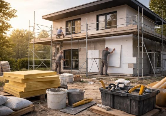 maison-moderne-echafaudages-ouvriers-isolation
