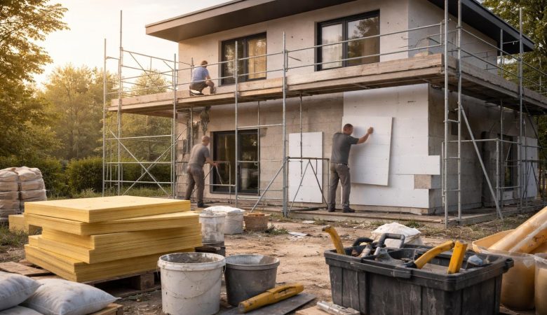 maison-moderne-echafaudages-ouvriers-isolation